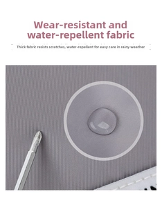 Detail of gray wear-resistant and waterproof fabric showing scratch resistance and water droplets