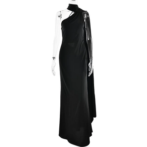 Elegant black one-shoulder maxi dress with halter neck design on a mannequin