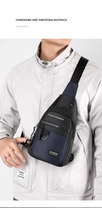 Detail of waterproof nylon chest bag featuring multi-layer zippers and adjustable shoulder strap