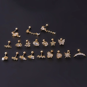 Set di 16 orecchini a lobo 20G in acciaio inossidabile dorato con zirconi brillanti