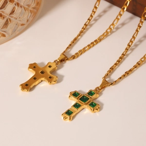 Gold Figaro chain necklaces with plain and green zircon inlaid cross pendants for women