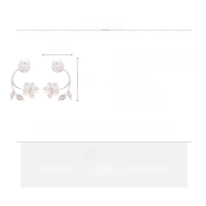 Detailed spec sheet showing 2.3x1.6cm floral zircon earrings with pearl accents