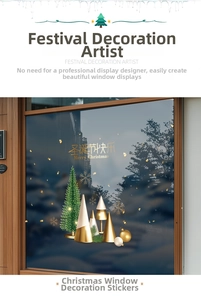 Detail of festive golden Christmas tree window decals with snowflake and Merry Christmas text