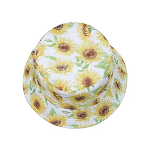 White bucket hat with yellow sunflower prints for women summer beach sun protection