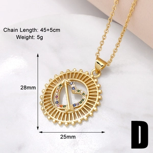 Close-up of golden necklace with colorful zircon heart pendant and size specifications