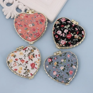 Floral print heart-shaped folding mini mirrors with elegant gold metal frames