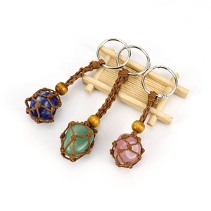 Handmade woven net keychain with natural crystal stones and rustic wooden bead details