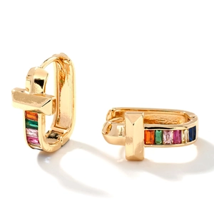 Elegant U-shaped gold earrings with colorful rectangular zircon stones and T-bar design