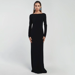 Elegant black long sleeve slim fit bodycon maxi dress for women on white background