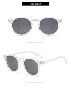 Front and side views of clear retro round sunglasses with grey lenses, style C02 CLEAR