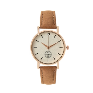 Minimalist quartz watch with rose gold case, cream dial and brown frosted leather strap