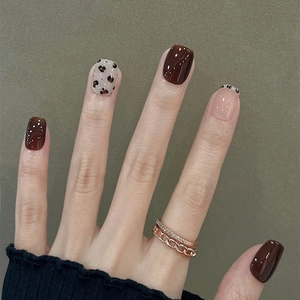 Press On Nagels Bourgondië Rood Met Koe Luipaardprint ABS Kunststof Franse Tip Vierkant Rond Glanzend Kunstnagels Voor Vrouwen