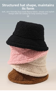 Close-up detail of textured lamb wool bucket hats in various autumn fashion colors