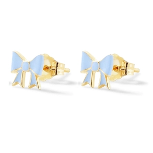 Detailed macro view of light blue enamel bow earrings with elegant gold plating finish