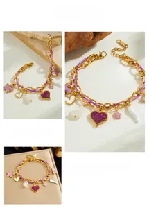 Detail showing gold chain woven with purple silk cord and multi-element charms
