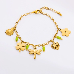 18K gold plated multi-pendant charm bracelet with nature motifs and green beads