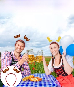 Detail showing Oktoberfest headbands with spring-attached beer mug and brown mustache