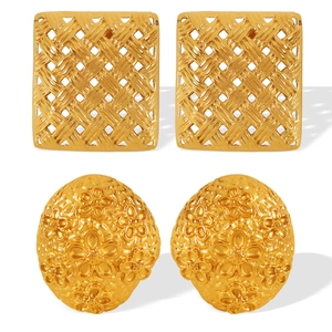 Retro geometric 18K gold plated titanium steel earrings with woven and floral patterns