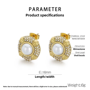 Detail view of 18k gold plated oval stainless steel stud earring with shell pearl and rhinestones