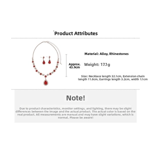 Detailed view of luxury red water-drop crystal necklace and earring jewelry set pieces