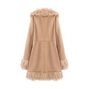 Women's slim fit camel faux suede coat with beige faux fur trim, back view display