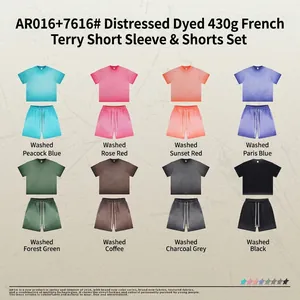 Vintage style heavy 430g washed cotton t-shirt and shorts set in eight trendy colors