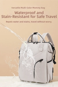 Close-up of beige waterproof and stain-resistant mummy backpack for mothers
