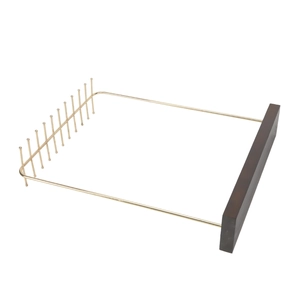 Minimalist jewelry display stand with gold metal hooks and dark wood base for necklaces
