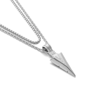 Double-layered silver stainless steel necklace featuring a geometric arrow pendant