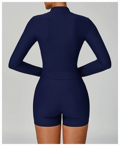 Detailed back view of navy blue ribbed yoga set featuring long sleeve top and high waist shorts