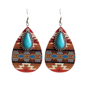 Bohemian teardrop wooden earrings with turquoise stones and vintage ethnic pattern