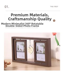 Close-up of double-sided rotating wood photo frame with 360-degree spinning inner frames
