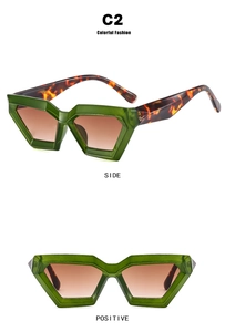 Detail view of cat eye sunglasses with green frames and tortoiseshell temples