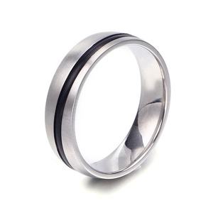 Minimalist brushed stainless steel ring with a black stripe detail on white background