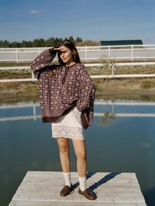 Pull En Tricot Jacquard Géométrique Vintage Femmes Manches Longues Demi Patte Boutonnée Coupe Ample Rétro Oversized