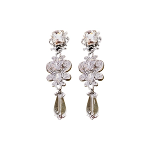 Vintage crystal teardrop earrings with floral resin and silver post for women