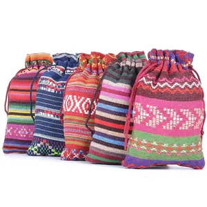 Ethnic Style Drawstring Pouch Cotton Knitted Colorful Tribal Stripe Geometric Pattern Jewelry Gift Packing Bohemian Bag
