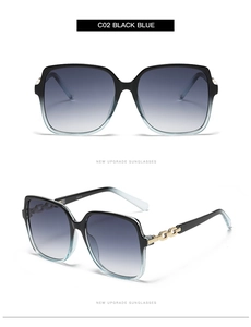 Detail of square oversized sunglasses showing golden metal accents and Cat.3 lens marking