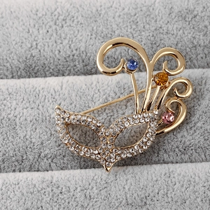 Exquisite rabbit mask brooch with sparkling rhinestones and colorful gemstones in gold finish