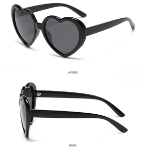 Detail view showing 45-degree side and back structure of heart-shaped sunglasses