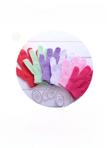 Nylon exfoliating bath gloves in multiple colors with 17x13.5cm five-finger scrub design