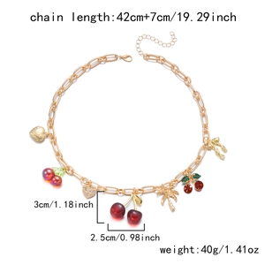 Goldene grobe Gliederkette mit Kirschen, Palmen und Herz-Anhängern, Länge 42cm+7cm verstellbar