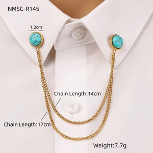 Detail view of gold collar pin with oval turquoise stones and double chain dimensions
