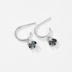 Elegant S925 sterling silver hoop earrings with colorful zircon bee pendants on white background