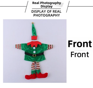 Detail of Christmas elf wine bottle cover set with green velvet tunic and striped socks