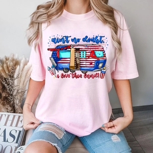 Men Graphic T-Shirt 100% Cotton Retro American Flag Camper Print Short Sleeve Round Neck Summer Casual Loose Top
