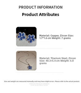 Detail view of blue flower stud earrings and necklace set with zircon inlay dimensions