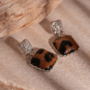 Retro faux leather leopard print square stud earrings with silver pins for women