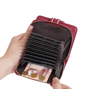 Women's wine red lychee leather accordion wallet with zip closure and multi-card slots
