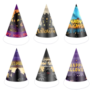 Set of six Halloween party paper hats with assorted spooky pumpkin and ghost designs